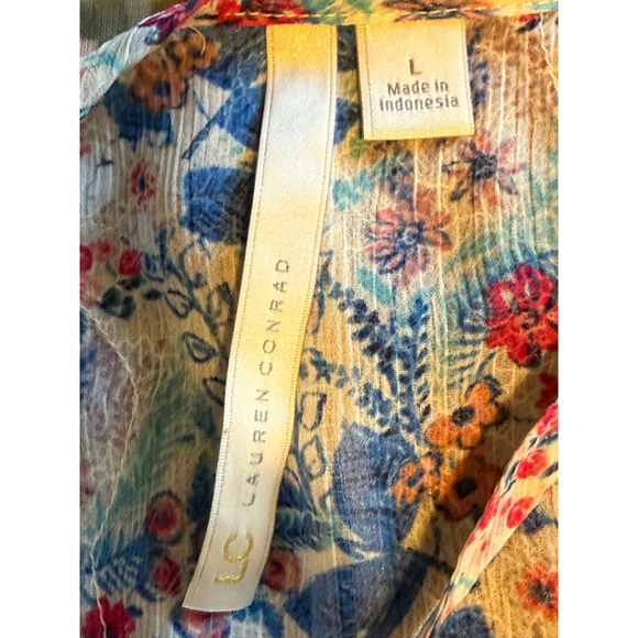 Lauren Conrad LC Blue Floral Lace Boho Blouse Size L Ruffle Hem Top - Picture 4 of 6
